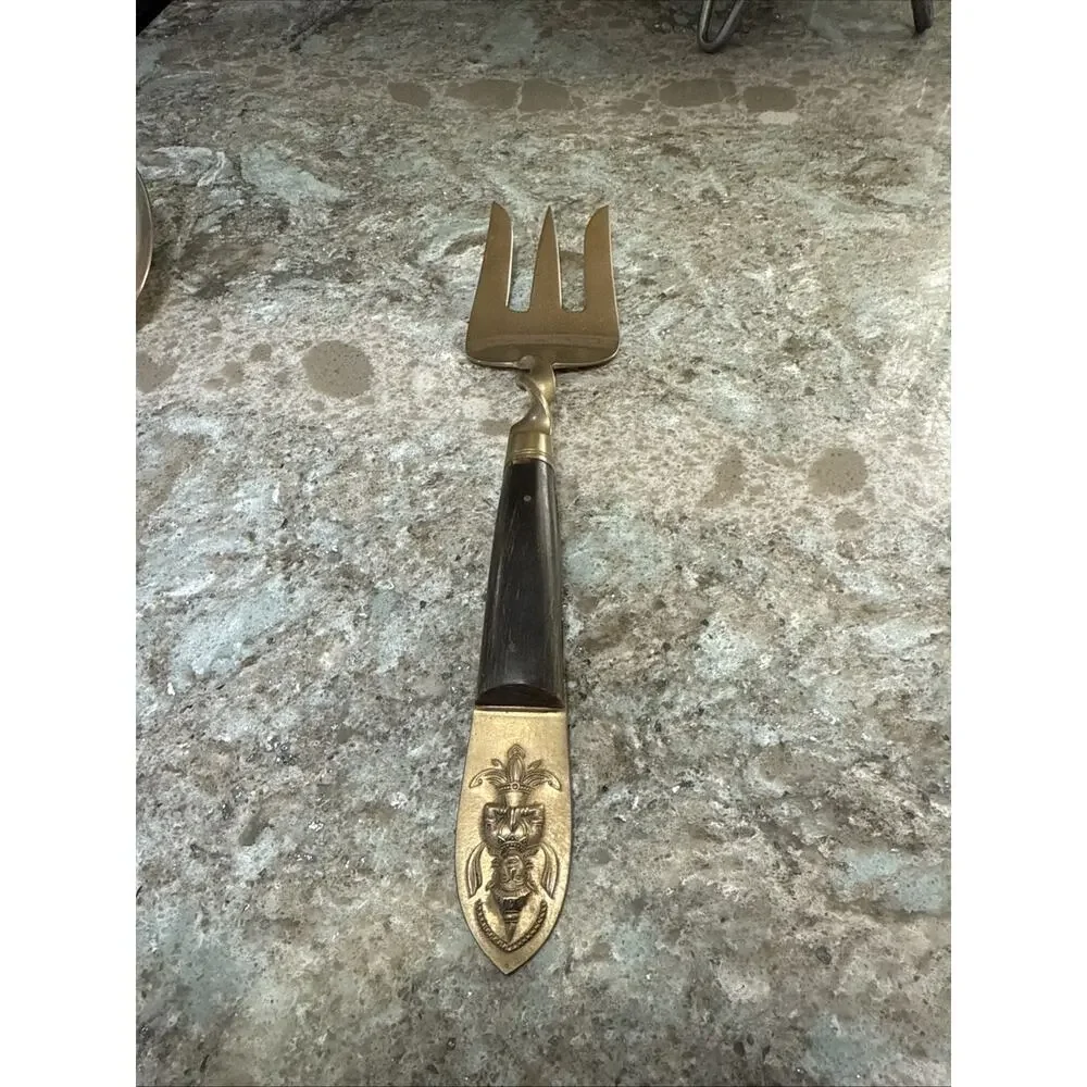 Vintage 1950’s Siam Thailand Mid Century Bronze And Wood Serving‎ Fork & Spoon